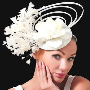 White Fabulous Pillbox Feathered Fascinator Birdcage Hat Derby Equine Te…